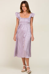 Lavender Satin Floral Square Neck Ruffle Strap Midi Dress