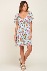 Light Blue Floral Chiffon Sweetheart Neck Dress