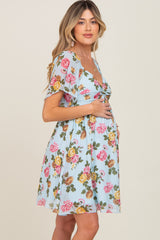 Light Blue Floral Chiffon Sweetheart Neck Maternity Dress