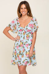 Light Blue Floral Chiffon Sweetheart Neck Dress