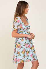 Light Blue Floral Chiffon Sweetheart Neck Dress