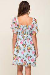 Light Blue Floral Chiffon Sweetheart Neck Dress