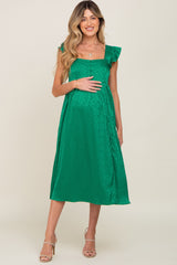 Green Satin Floral Square Neck Ruffle Strap Maternity Midi Dress