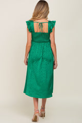 Green Satin Floral Square Neck Ruffle Strap Maternity Midi Dress