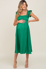 Green Satin Floral Square Neck Ruffle Strap Maternity Midi Dress