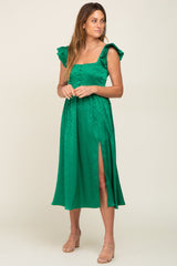 Green Satin Floral Square Neck Ruffle Strap Maternity Midi Dress