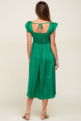 Green Satin Floral Square Neck Ruffle Strap Midi Dress