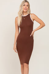 Camel Color Block Racerback Fitted Midi Dress