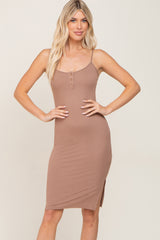 Taupe Ribbed Button Midi Dress