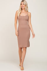 Taupe Ribbed Button Maternity Midi Dress