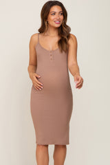 Taupe Ribbed Button Maternity Midi Dress