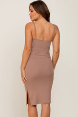 Taupe Ribbed Button Maternity Midi Dress