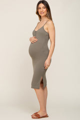 Light Olive Ribbed Button Maternity Midi Dress