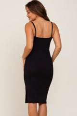 Black Ribbed Button Maternity Midi Dress