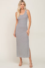 White Sleeveless Striped Maternity Maxi Dress