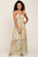 Sage Yellow Floral Ruffle Shimmer Maxi Dress