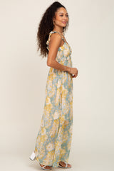 Sage Yellow Floral Ruffle Shimmer Maxi Dress