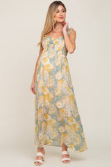 Sage Yellow Floral Ruffle Shimmer Maternity Maxi Dress