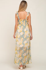 Sage Yellow Floral Ruffle Shimmer Maternity Maxi Dress