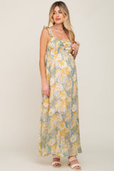 Sage Yellow Floral Ruffle Shimmer Maternity Maxi Dress