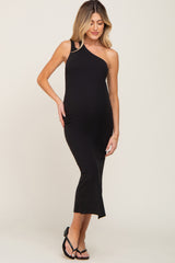 Black One Shoulder Cutout Side Slit Maternity Midi Dress