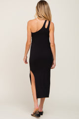 Black One Shoulder Cutout Side Slit Maternity Midi Dress