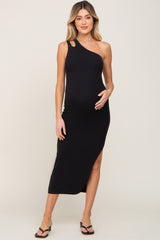 Black One Shoulder Cutout Side Slit Maternity Midi Dress