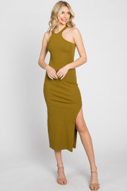 Olive One Shoulder Cutout Side Slit Midi Dress