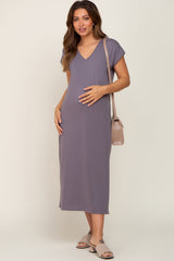 Grey V-Neck Side Slit Maternity Midi Dress