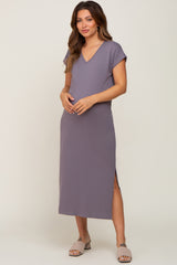 Grey V-Neck Side Slit Maternity Midi Dress