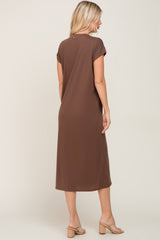 Brown V-Neck Side Slit Midi Dress