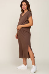 Brown V-Neck Side Slit Maternity Midi Dress