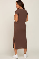 Brown V-Neck Side Slit Maternity Midi Dress