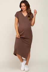 Brown V-Neck Side Slit Maternity Midi Dress