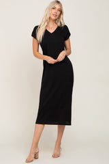 Black V-Neck Side Slit Midi Dress