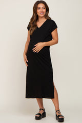 Black V-Neck Side Slit Maternity Midi Dress