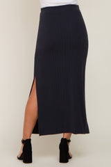 Navy Blue Ribbed Side Slit Maternity Midi Skirt