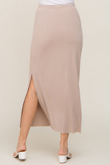 Mocha Ribbed Side Slit Midi Skirt