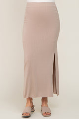 Mocha Ribbed Side Slit Maternity Midi Skirt