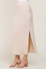 Cream Ribbed Side Slit Midi Skirt