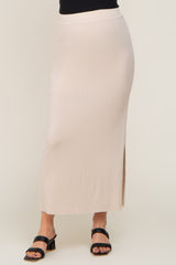 Cream Ribbed Side Slit Maternity Midi Skirt