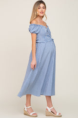 Blue Gingham Smocked Front Tie Off Shoulder Maternity Midi Dress