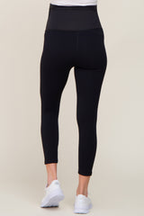 Black Rib Knit Cropped Maternity Leggings