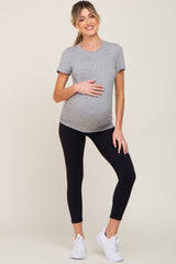 Black Rib Knit Cropped Maternity Leggings