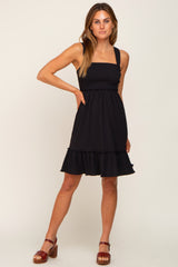 Black Smocked Sleeveless Crepe Dress