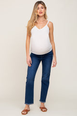 Navy Blue Fringe Hem Maternity Straight Leg Jeans