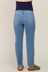 Light Blue Fringe Hem Maternity Straight Leg Jeans