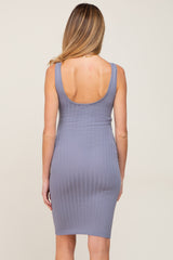 Blue Grey Rib Knit Sleeveless Maternity Dress