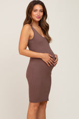 Brown Rib Knit Sleeveless Maternity Dress