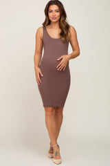 Brown Rib Knit Sleeveless Maternity Dress